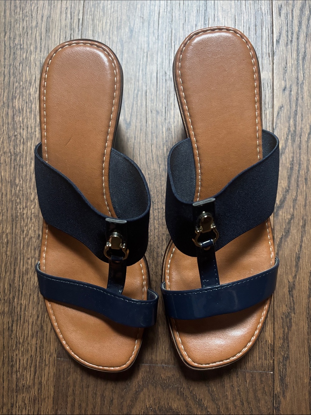 Italian Shoemakers Navy and Tan Slide Sandals with Metal Accent